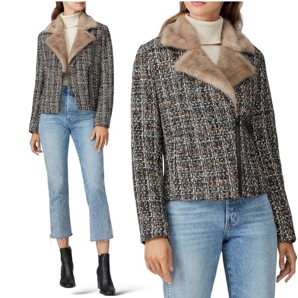 THAKOON Wool Blend Tweed Fur Moto Jacket Coat Biker Wide Notch Collar - Picture 1 of 11